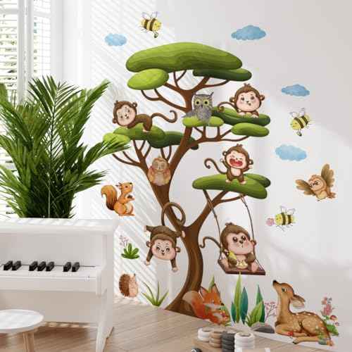 66.14 x 57.48 Inch Large Jungle Green Tree Wall Stickers Wild Monkey on The Tree Branches Wall Decals DIY Safari Sika Deer Owls Squirrels Grass Animals Decor for Kids Baby Bedroom Living Room Nursery