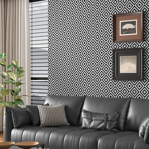 Black and White Wallpaper Peel and Stick Modern 17.3"¡¿78.8" Removable Self Adhesive Wallpaper Geometric Contact Paper for Cabinets Waterproof Rhombus Decorative Wall Paper for Bathroom Vinyl