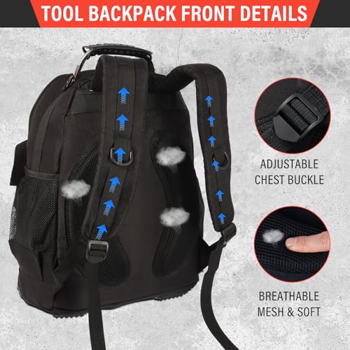 Tool Backpack Heavy Duty Tool Bag with Padded Shoulder and Removable Tool Organizer backpack tool bag with Multiple Pockets for Electrician, Plumber, HVAC, Cable Repairman