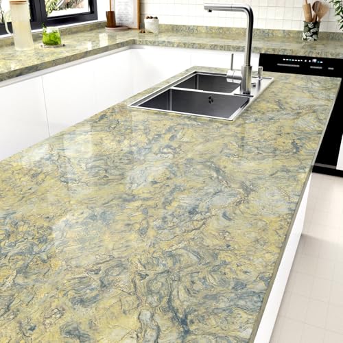 WESTICK Glossy Gold Marble Contact Paper for Countertops 15.8"x80" Yellow Marble Vinyl Wallpaper Peel and Stick Waterproof Granite Countertop Contact Paper for Tables Dresser Bathroom Sink Cabinets