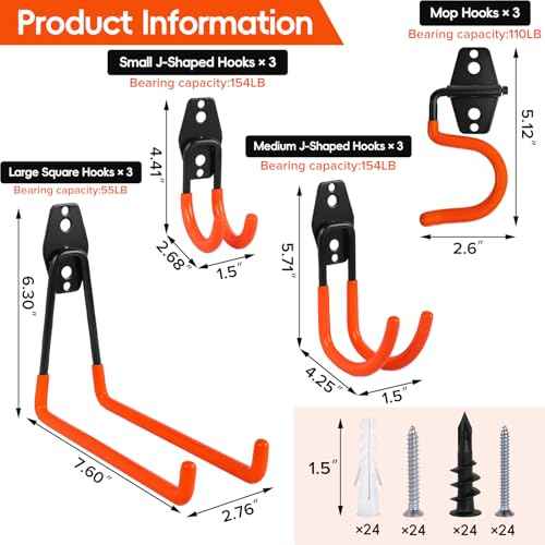 Donext Garage Hooks, 12 Pack Heavy Duty Steel Utility Hooks for Hanging, Wall Mount Garage Storage Hooks for Tools, Ladders, Bikes, Bulky Items, Orange
