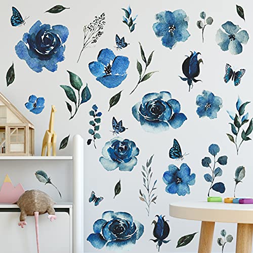4 Sheets Watercolor Blue Roses Wall Decals Art Flowers Wall Stickers Removable Hay Leaf Flower Bud DIY Vinyl Peel and Stick Mural for Girls Bedroom Living Room Sofa Backdrop TV Wall Home