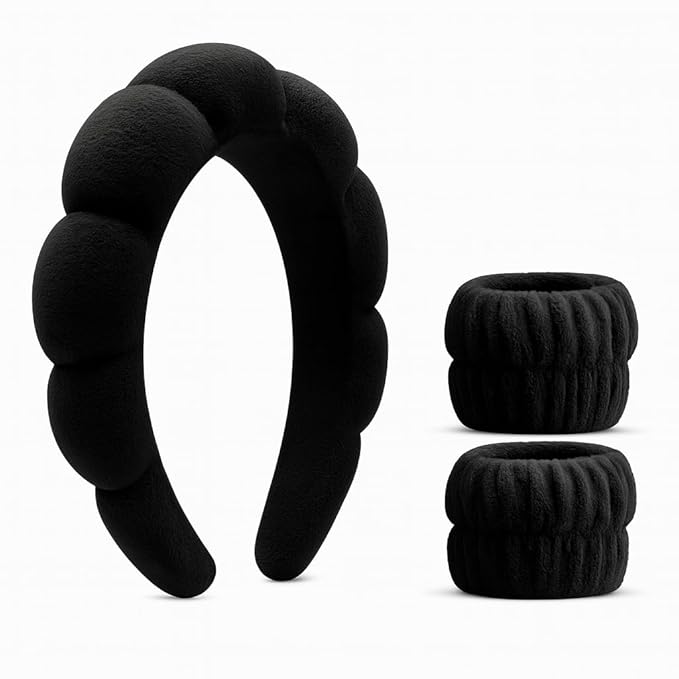 Black Spa Headband and Wristband Set Ã¢ÂÂ 3pc Face Wash Kit for Skincare & Makeup Ã¢ÂÂ Puffy Terry Cloth Hairband for Women, Girls Ã¢ÂÂ Cute Self-Care Gift Idea