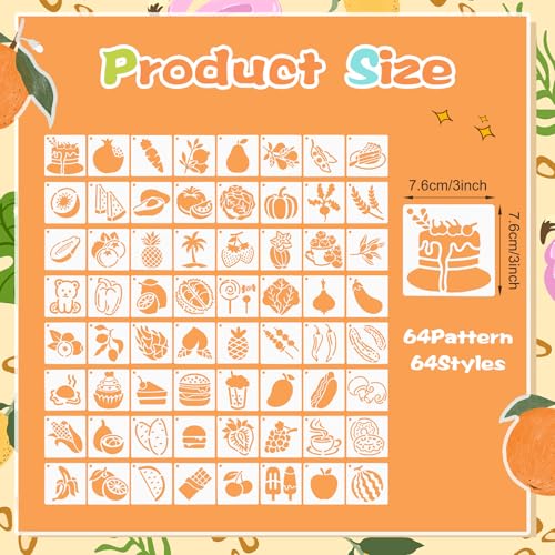 64Pcs Fruit Stencils for Painting, Reusable Vegetable Stencils Crafts Drawing Templates, Art Painting on Wood Wall Canvas,Fru & Veg Plastic Stencil for DIY Fabric Rock Home Decor (3 X 3 Inch)