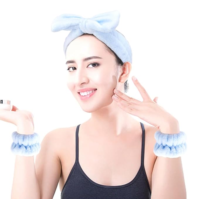 SPA Headbands for Washing Face Makeup Headbands with Bow Hair Band Women Facial Head Band Wrist Towel Wraps For Shower Face Mask Blue, 6 Pack
