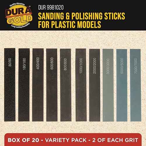 Dura-Gold Sanding Sticks and Polishing Sticks for Plastic Models, Pack of 20-2 Each of 10 Grits, Coarse 80 to Ultra-Fine 7000 Grit, Classic Style - Sand Wood, Metal, Auto Detailing, Hobby Sandpaper
