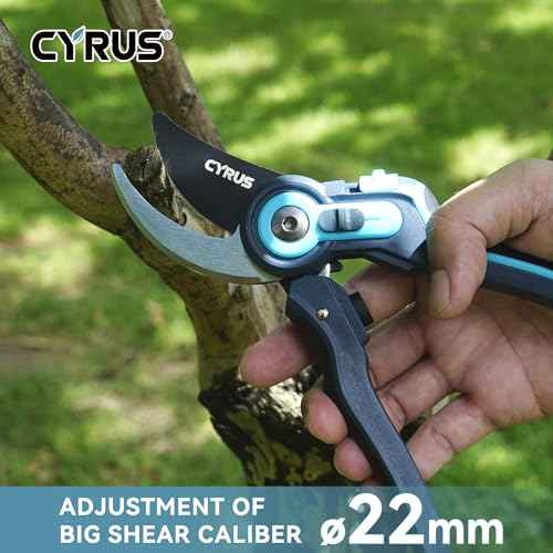 CYRUS Pruning Shears, Garden Shears Sk5 Steel Blades, 2-Stage Adjustable Diameter Pruning Shears12-22 mm, Rose Shears, Professional Bypass Shears, Plant Garden Tools, Hedge Clippers, Pruning Shears