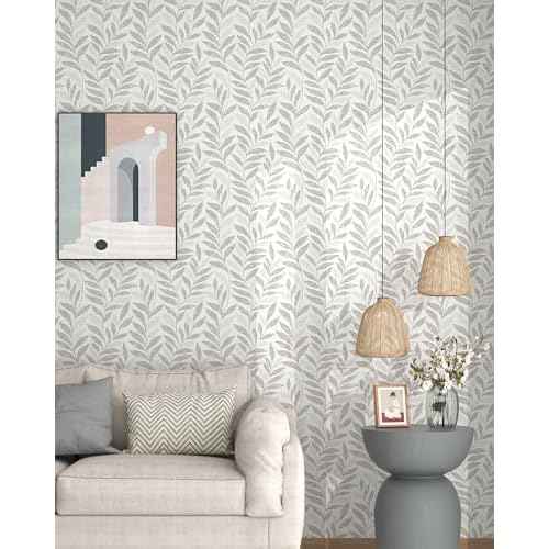 Leaf Peel and Stick Wallpaper Boho 17.3" X 78.8" Beige and White Wallpaper Self Adhesive Removable Wall Paper for Bathroom Kitchen Wallpapers Leaf Contact Paper for Walls Vinyl Roll
