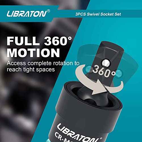 Libraton Swivel Socket Set, Impact Swivel Socket Set, Wobble Socket, Impact Grade Universal Joint, Cr-Mo Steel, 1/4-Inch, 3/8-Inch, 1/2-Inch Drive