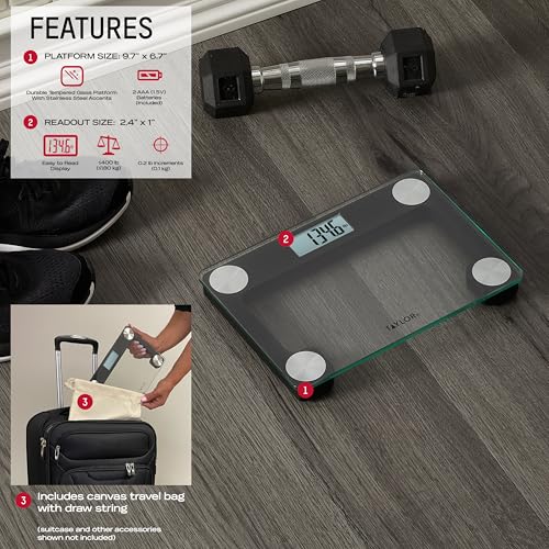 Taylor Digital Compact Scale with Travel/Storage Tote, Mini Weighing Device for Body Weight, Highly Accurate and Portable for Travels or Bathroom, 400 lb Capacity, Clear