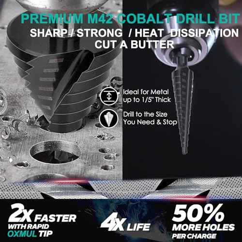 Large Step Drill Bit for Steel, 2" 10Holes, M42 Cobalt Drill Bits, Extra Heavy Duty for Stainless Steel, Metal, Aluminum, Copper, 10-Steps.Co2Pro