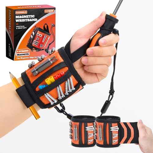 Magnetic Wristband With Coiled Lanyard, Lightweight Nylon Support Wrist With Strong Magnets, Christmas Stocking Stuffers for Men Adults, Gifts for Men, Dad, Orange, 2pcs