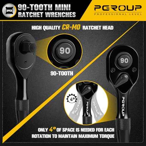 3-Piece Stubby Ratchet Set, 1/4¡±, 3/8¡±, 1/2¡± Drive 90-Tooth Mini Small Ratchets Wrenches, Quick Release Reversible Ratchet Wrenches for Repairing, Home, DIY, Chrome Alloy Made