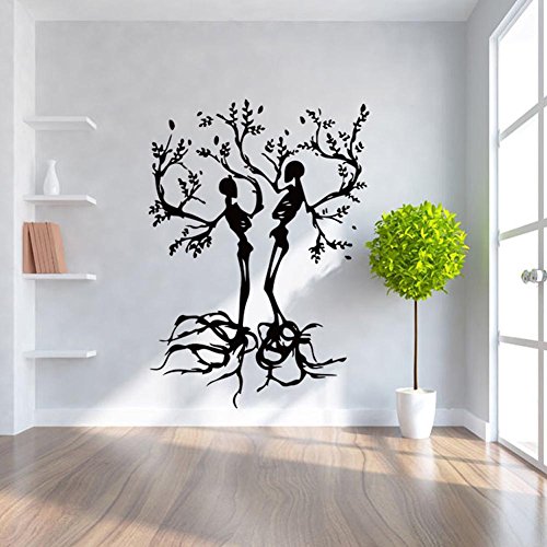 BIBITIME Halloween Vinyl Couple Skull Tree Wall Decal Black Skeleton Sticker for Living Room Porch Sofa Background Decorations Shop Showcase Window Kids Room Decor