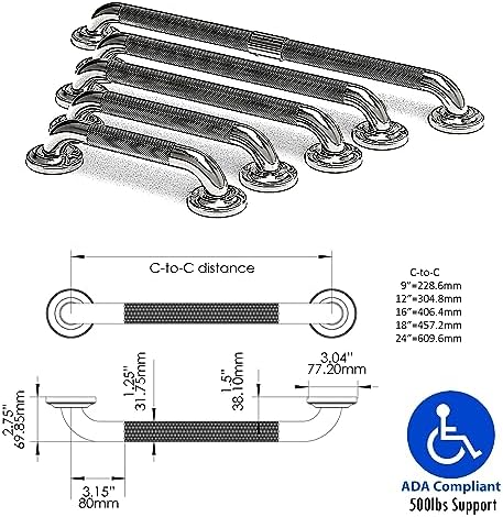 1-1/4" Knurled Grab Bar, ADA Compliant Bath Safety Shower Handrail, Bathroom Mobility Aid Handle for Seniors and Disabled, Heavy Duty 500lbs Support
