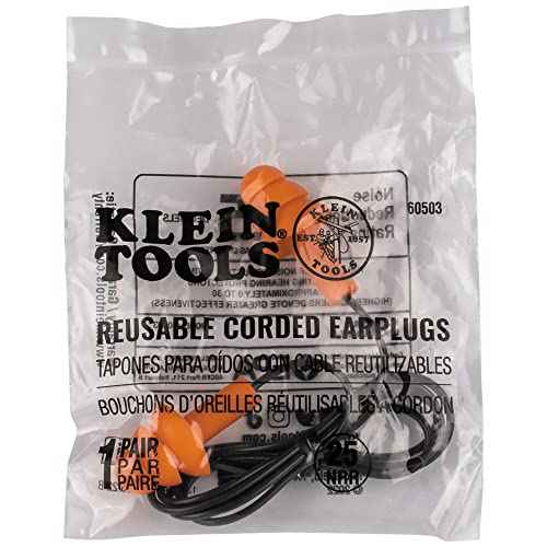 Klein Tools 6050350 Corded Earplugs, 25dB NRR, Reusable Orange Ear Protection in Dispenser for Construction, Loud Noise Reduction, 50-Pack