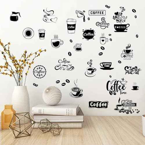 CREATCABIN Coffee Wall Decor Stickers Black Coffee Beans Cups Wall Decals Removable DIY Vinyl Art Sticker Decor Station Decorations Signs for Kitchen Shop Cafe Pub Office 22.8x15.8Inch