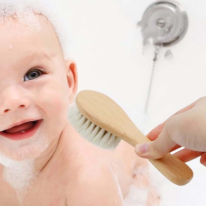 Baby Hair Brush with Wooden Handle and Comb Set for Newborns & Toddlers | Natural Soft Goat Bristles l Wood Comb l Blue Cradle Cap Brush| Ideal for Cradle Cap (3 Piece)