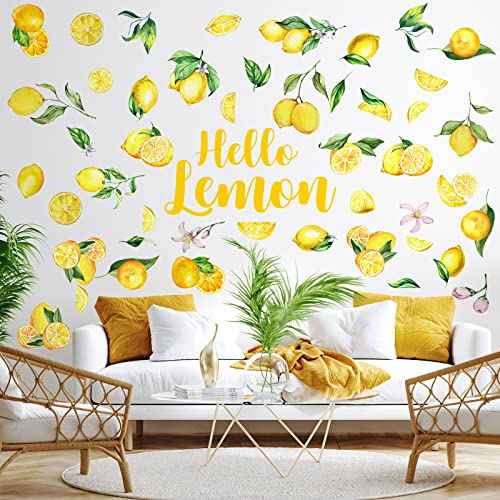 6 Sheet Lemon Wall Decals Decor Peel and Stick Wall Stickers Art for Kitchen Boho Fruit Flower Botanical Leaf Decals Yellow Green Lemonade Wallpaper Summer Lemon Stickers for Living Dining Room
