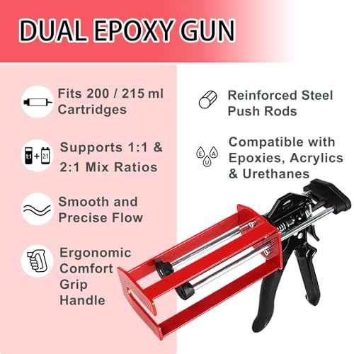 200ml Dual Cartridge Epoxy Gun, 1:1 & 2:1 Ratio Manual Adhesive Applicator for 2-Part Epoxy, Dual Component Glue, Panel Bonding, Structural Repairs, Fillers, and Plastic Repair