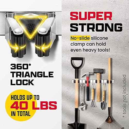 2 Pack Mop and Broom Holder Wall Mount ? Self-Adhesive Stainless Steel broom hanger organizer ? 4 Clamps, 3 Hooks ? Holds Up to 40 Lbs