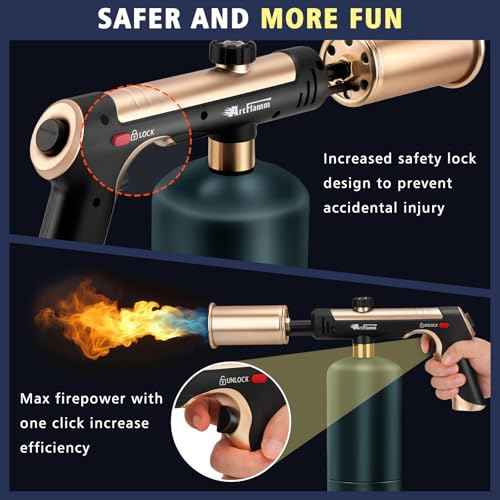 Propane Torch with Turbo Mode, Flamethrower Gun with Safety Lock, Blow Torch Gun for Cooking, Kitchen Food Torch Head for Grill, Searing Steak, BBQ, Charcoal Lighter(Tank Not Included)