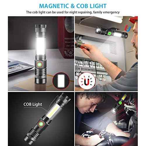 iToncs LED Rechargeable, Super Bright Magnetic Flashlight with COB Work Light, Waterproof, 4 Modes, Pocket Tactical Flashlights for Outdoor Camping Emergency 2 Packs