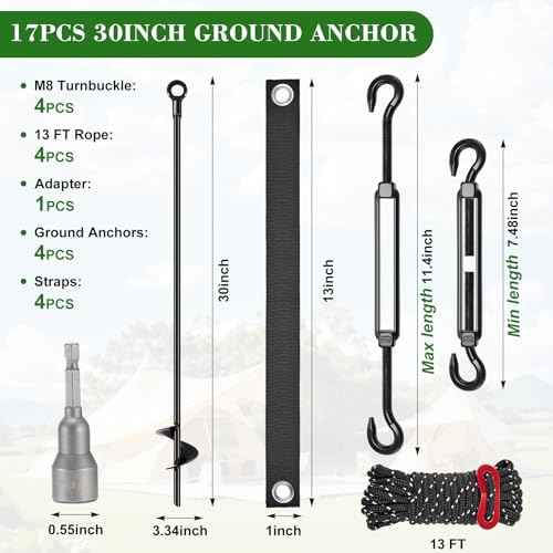 Silkfly 4 Set 30 Inch Earth Anchors Shed Swing Set Spiral Heavy Duty Ground Trampoline Stakes Camping Mobile Home Carport Tree Tent Anchors with Adapter M8 Turnbuckle Hook Straps for Staking and Rope