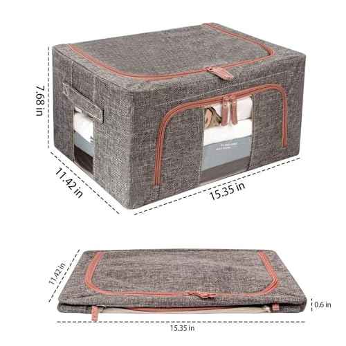 3 Pack 22L Foldable Clothes Storage Bins Box Stackable Steel Frame Closet Containers Organizer with Clear Windows Linen Fabric Bags for Beddings/Quilt
