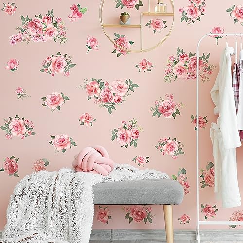 Pink Flowers & Green Leaves Wall Decals - Removable Peel & Stick Garden Floral Wall Stickers for Bedroom & Living Room