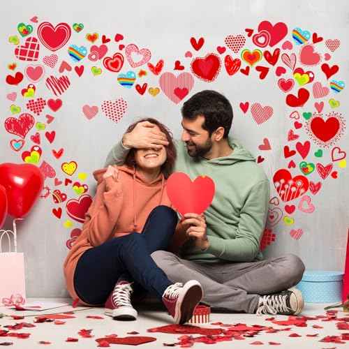 Capoda 196 Pcs Valentine's Day Wall Decals Removable Love Heart Wall Stickers Red Heart Window Stickers Wedding Anniversary Romantic Love Decoration Party Decor for Holiday Living Room Art Decor Home
