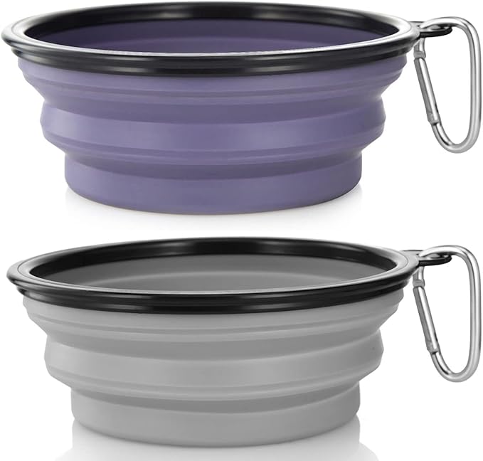 Dog Bowl Large Pet Collapsible Bowls, 2 Pack Collapsible Dog Water Bowls for Cats Dogs Portable Pet Feeding Water Dish for Walking Parking Traveling with 2 Carabiners (Large, Purple & Concrete Gray)