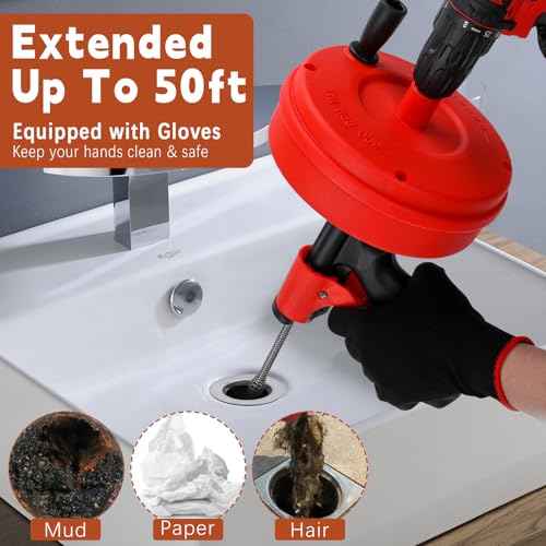 50 FT Double Mode Drain Snake Tools, 11-in-1 Drain Auger for Sink and Drain Unblocking, Plumbing Snake for Kitchen, Bathrom and Shower Sink, Snake for Real DYIs¡¼Upgraded¡½