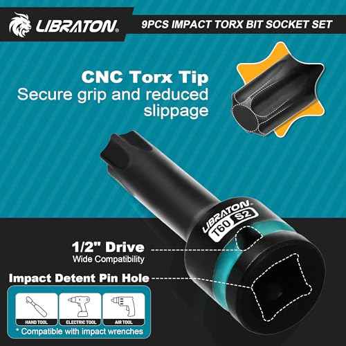 LIBRATON Impact Torx Bit Socket Set, 1/2" Drive, S2 Steel, 9PCS Impact Star Bit Socket Set (T30-T80), High Impact Torx Sockets, XPE Storage, Professional Mechanic and Automotive Repair