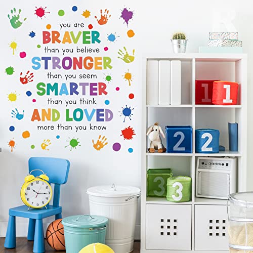 Motivational Wall Decals for Kids ? Braver Stronger Smarter Loved Inspirational Quote Stickers, Peel and Stick Positive Affirmations for Nursery, Playroom, Preschool, Classroom Decor