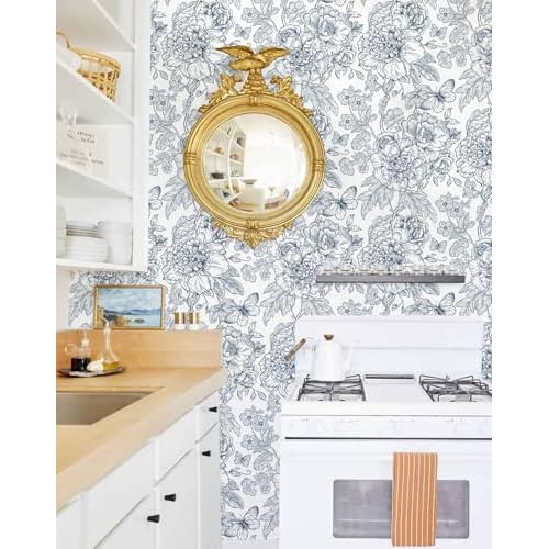 Navy Blue Floral Peel and Stick Wallpaper Boho 118inL 17.3inW Modern Contact Paper for Cabinets and Drawers Self Adhesive Removable Wallpaper for Bedroom Bathroom Waterproof Blue Contact Paper