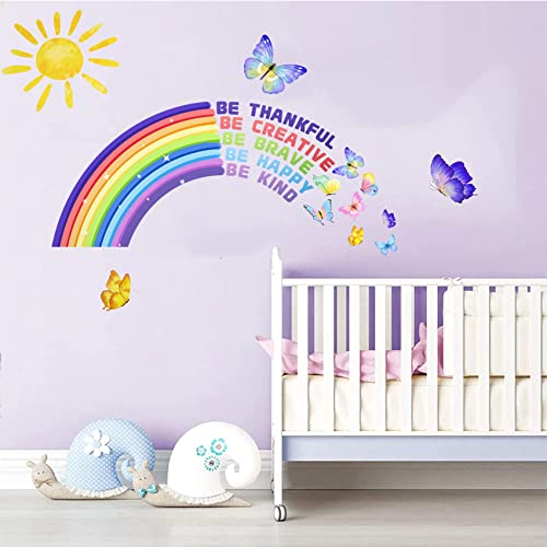 Rainbow Wall Decal for Kids Playroom Decor Colourful Butterflies Cloud Classroom Quotes Inspirational Nursery for Girls Bedroom Be Brave Be You