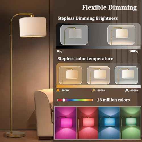 Gold Floor Lamp with Remote Control, 1200 Lumens Adjustable Height Dimmable Arc Floor Lamp for Living Room, Modern Gold Standing Lamp for Bedroom, Office, LED Smart Bulb Included