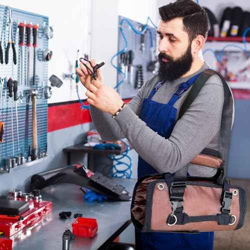 Tool Bag Roll up, Heavy Duty Tool Bag Organizer, Tool bags for Men Women, Portable Tool bag with shoulder strap, Small Carrier Bag for Electrician Mechanic, Father Day Dad Gifts, Gifts for Men, Brown