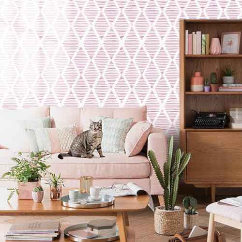 Modern White and Pink Peel and Stick Wallpaper 17.7"x120" Stripe Diamond Wallpaper Vinyl Waterproof Contact Paper Shelf Paper Drawer Liner Roll for Bedroom Living Room
