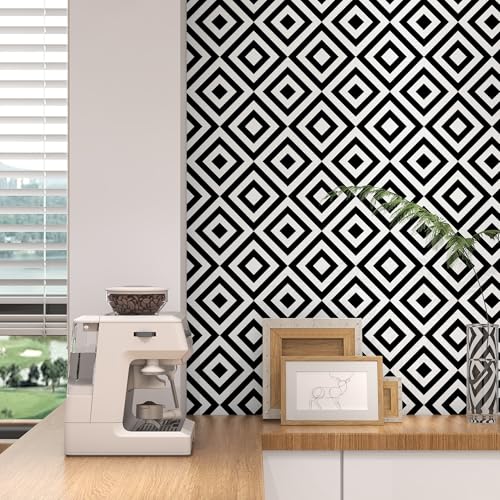 Black and White Wallpaper Peel and Stick Modern 17.3"¡¿78.8" Removable Self Adhesive Wallpaper Geometric Contact Paper for Cabinets Waterproof Rhombus Decorative Wall Paper for Bathroom Vinyl