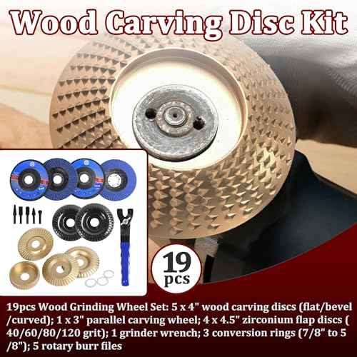 19 Pcs Wood Carving Disc Set for 4" & 4.5" Angle Grinder | Stump Tool Grinding Wheel Disc with 7/8"-5/8" Adapter Ring | Woodworking Cutting Shaping Sanding Polishing Discs Kit for Quick Carving