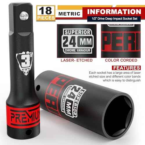18 Piece 1/2" Drive Deep Impact Socket Set, 10mm - 24mm, with Extension Bars:3-inch, 5-inch, 10-inch, Metric, 6-Point, CR-V Steel, Automotive Maintenance, Machinery Manufacturing