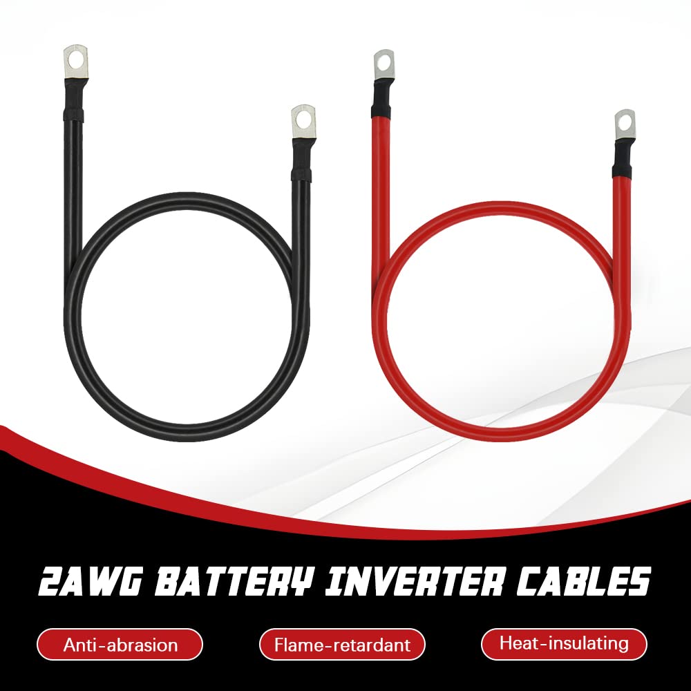 2 AWG Battery Cable 3FT 2 Gauge Pure Copper Battery Inverter Cables with 3/8 in Lugs Both Ends Power Inverter Wire Set for Automotive Solar Power Inverter Marine Boat RV Car Motorcycle (3FT)