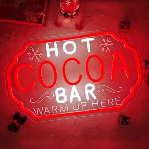 Hot Cocoa Bar Neon Sign Dimmable Christmas Coffee Led Sign Hot Chocolate Bar Warm Up Here Neon Lights Vintage Cocoa Light Up Sign for Kitchen Cafe Stations