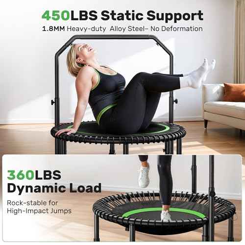 BCAN 40"/48" Mini Rebounder Trampoline for Adults with Bar, 450/550LBS Fitness Trampoline with Bungees, Adjustable Handle, Stable & Quiet, Indoor Outdoor, Whole-Body Workout & Relaxation at Home
