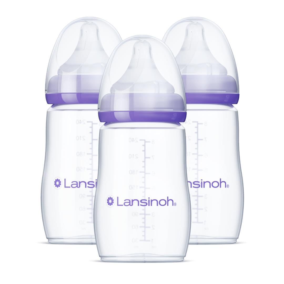Lansinoh Anti-Colic Baby Bottles, BPA-Free Plastic, 8 Ounces, 3 Count, Medium Flow Nipples (Size M), Breastfeeding Bottle with NaturalWave Design, Baby Essentials
