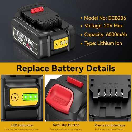Replacement for DeWalt 20V Max Battery Charger, 2 Pack 6.0Ah Replace Battery & DCB112 Fast Charger Compatible with Dewalt 20V Max Battery DCB206 DCB205 DCB208 & 20 Volt Cordless Power Tool