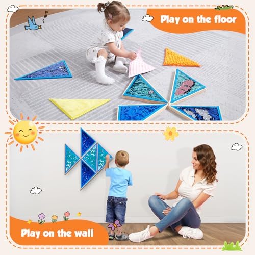 10 Pieces Wooden Sensory Wall Panel|Kids Triangle Wall Sensory Board with 5 Pieces Sequin Flip Fabric & 5 Pieces Replaceable Textured Mats|Sensory Tiles Decal,Sensory Room Must Haves