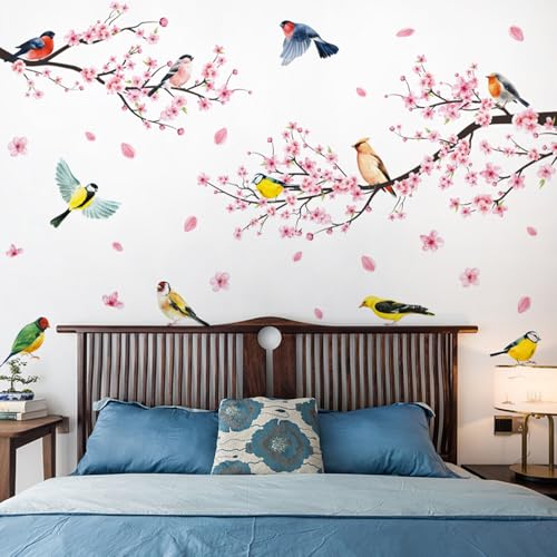 Wall Stickers & Murals Tree Wall Decals Peel and Stick Cherry Blossom Wall Stickers for Bedroom Living Room Bathroom Kitchen Flower Bird Tree Wall Decals Art Decor Boho Decorative Wall Stickers